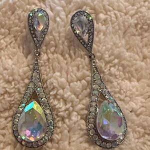 Iridescent Teardrop Earrings with large teardrop-shaped clear rhinestones